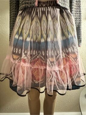 True Vintage Y2K Reversible Cotton Ikat & Pink Tulle Mini Skirt - Size Small